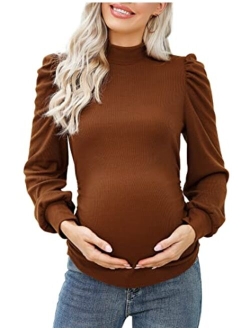 Coolmee Women's Knit Ribbed Maternity Top Mock Neck Long Sleeve Shirts Pregnant Ruched Tunic Pullover Top