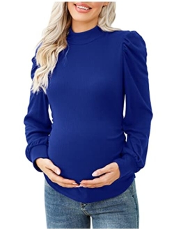 Coolmee Women's Knit Ribbed Maternity Top Mock Neck Long Sleeve Shirts Pregnant Ruched Tunic Pullover Top