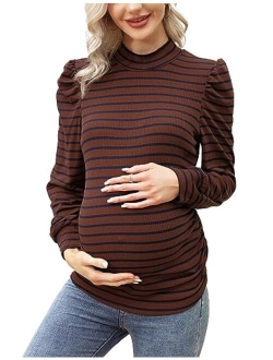 Coolmee Women's Knit Ribbed Maternity Top Mock Neck Long Sleeve Shirts Pregnant Ruched Tunic Pullover Top