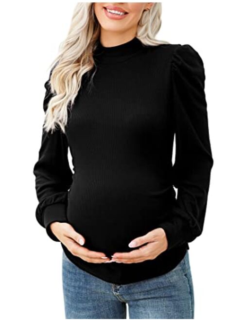 Coolmee Women's Knit Ribbed Maternity Top Mock Neck Long Sleeve Shirts Pregnant Ruched Tunic Pullover Top