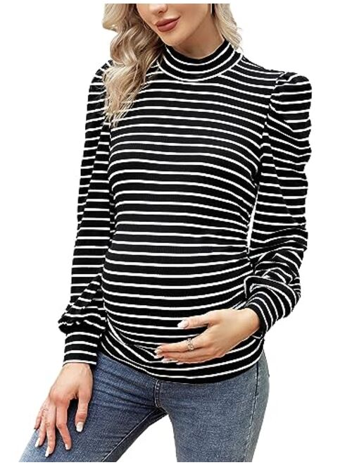 Coolmee Women's Knit Ribbed Maternity Top Mock Neck Long Sleeve Shirts Pregnant Ruched Tunic Pullover Top