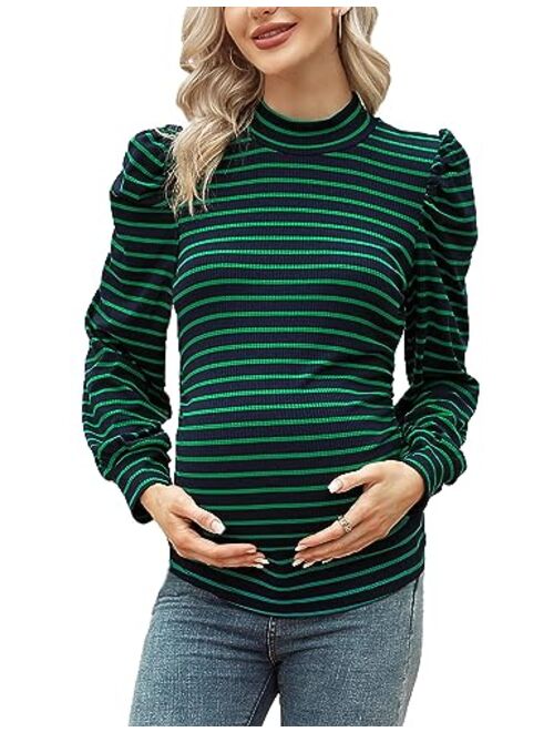 Coolmee Women's Knit Ribbed Maternity Top Mock Neck Long Sleeve Shirts Pregnant Ruched Tunic Pullover Top