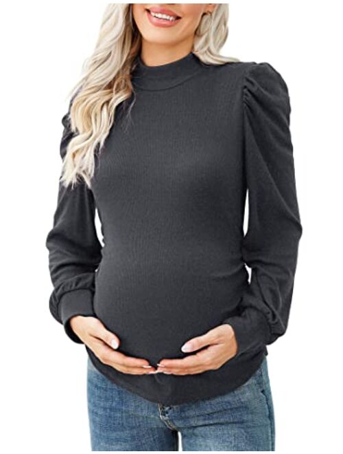 Coolmee Women's Knit Ribbed Maternity Top Mock Neck Long Sleeve Shirts Pregnant Ruched Tunic Pullover Top