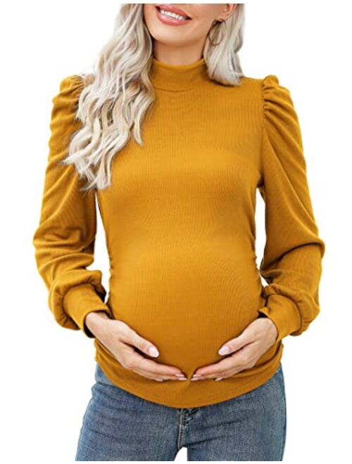 Coolmee Women's Knit Ribbed Maternity Top Mock Neck Long Sleeve Shirts Pregnant Ruched Tunic Pullover Top