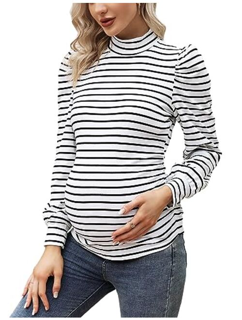 Coolmee Women's Knit Ribbed Maternity Top Mock Neck Long Sleeve Shirts Pregnant Ruched Tunic Pullover Top