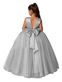 MCieloLuna Flower Girls Dresses for Wedding Satin Tulle Princess Pageant Dress Kids Pearls Prom Ball Gowns with Bow-Knot