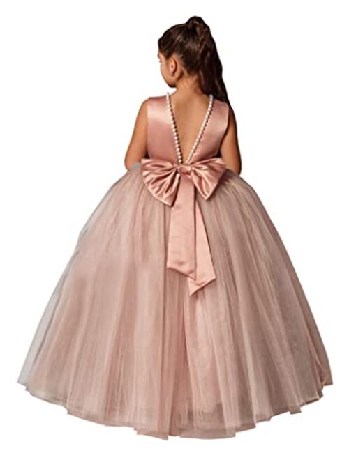 MCieloLuna Flower Girls Dresses for Wedding Satin Tulle Princess Pageant Dress Kids Pearls Prom Ball Gowns with Bow-Knot