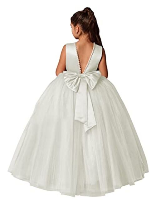 MCieloLuna Flower Girls Dresses for Wedding Satin Tulle Princess Pageant Dress Kids Pearls Prom Ball Gowns with Bow-Knot