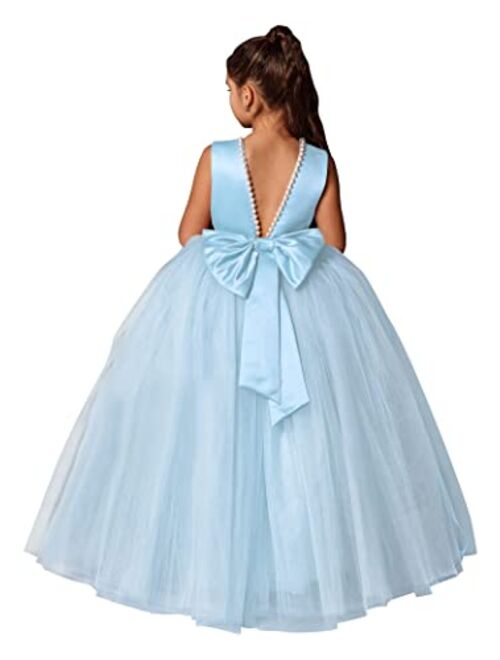 MCieloLuna Flower Girls Dresses for Wedding Satin Tulle Princess Pageant Dress Kids Pearls Prom Ball Gowns with Bow-Knot