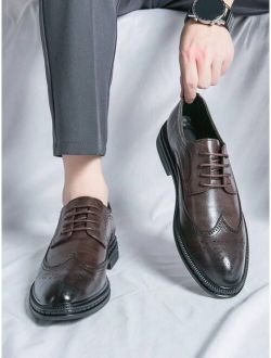 Shein New Trendy Men's Formal Business Pu Leather Derby Shoes, Brogue Perforated Toe, Lace-up, British Style