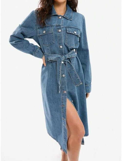 SHEIN Essnce Long Sleeve Denim Dress With Belt