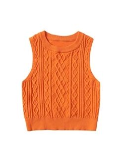 Women's Casual Cable Knit Sweater Vest Sleeveless Round Neck Crop Tank Top