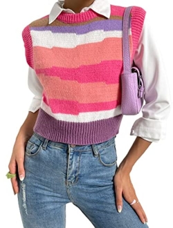 Women's Casual Cable Knit Sweater Vest Sleeveless Round Neck Crop Tank Top