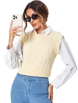 Women's Casual Cable Knit Sweater Vest Sleeveless Round Neck Crop Tank Top