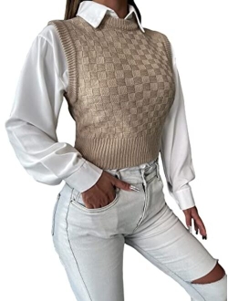 Women's Casual Cable Knit Sweater Vest Sleeveless Round Neck Crop Tank Top