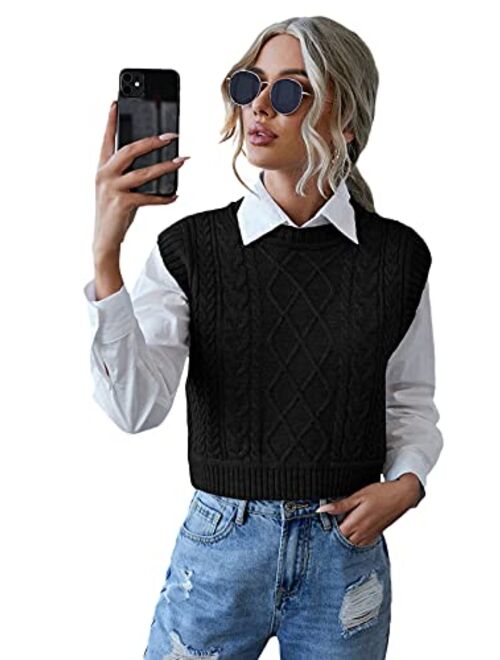 Milumia Women's Casual Cable Knit Sweater Vest Sleeveless Round Neck Crop Tank Top