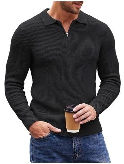 Men's Quarter Zip Polo Sweater Knit Pullover Long Sleeve Casual Dress Slim Fit Shirt