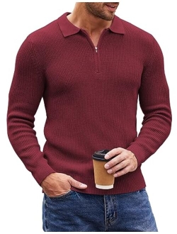 Men's Quarter Zip Polo Sweater Knit Pullover Long Sleeve Casual Dress Slim Fit Shirt