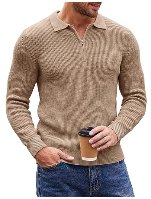 COOFANDY Men's Quarter Zip Polo Sweater Knit Pullover Long Sleeve Casual Dress Slim Fit Shirt