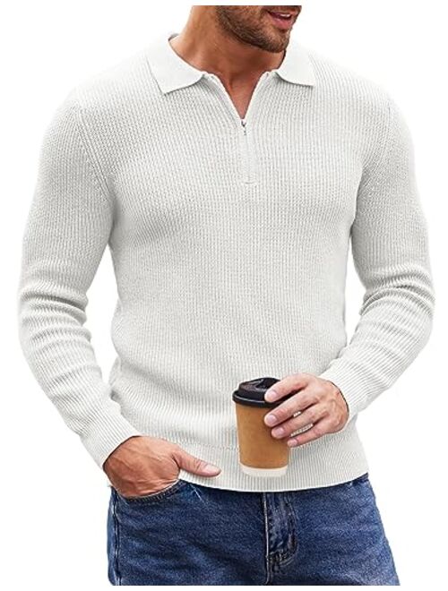 COOFANDY Men's Quarter Zip Polo Sweater Knit Pullover Long Sleeve Casual Dress Slim Fit Shirt