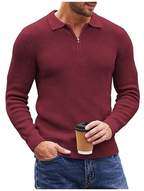 COOFANDY Men's Quarter Zip Polo Sweater Knit Pullover Long Sleeve Casual Dress Slim Fit Shirt