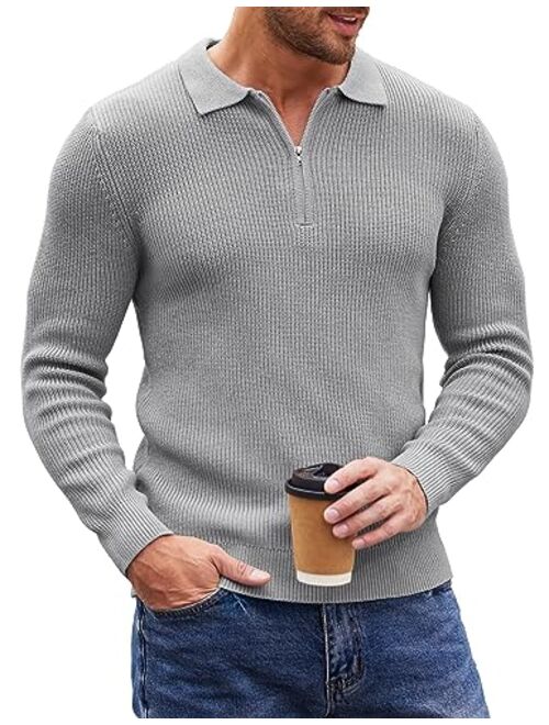 COOFANDY Men's Quarter Zip Polo Sweater Knit Pullover Long Sleeve Casual Dress Slim Fit Shirt