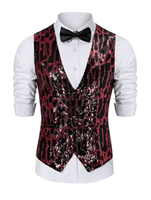 TURETRENDY Men's Shiny Sequins Vest V-Neck Slim Fit Stylish Vest Waistcoat with Pockets for Party Dinner Prom