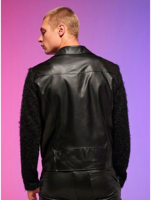 Manfinity AFTRDRK Men Zip Up Contrast Teddy Sleeve PU Leather Moto Jacket