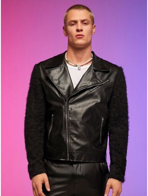 Manfinity AFTRDRK Men Zip Up Contrast Teddy Sleeve PU Leather Moto Jacket