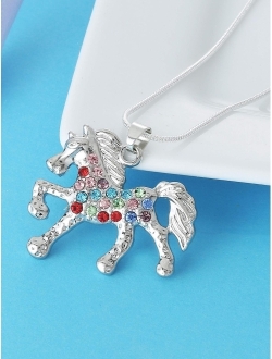 Nimteve Girls Necklaces Silver Tone Multicolored Crystals Horse Pendant Pony Mustang Charm Necklace for Little Girls 18 Inches