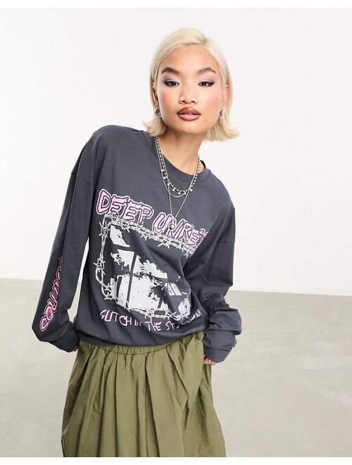 COLLUSION washed graphic long sleeve oversized T-shirt in gray