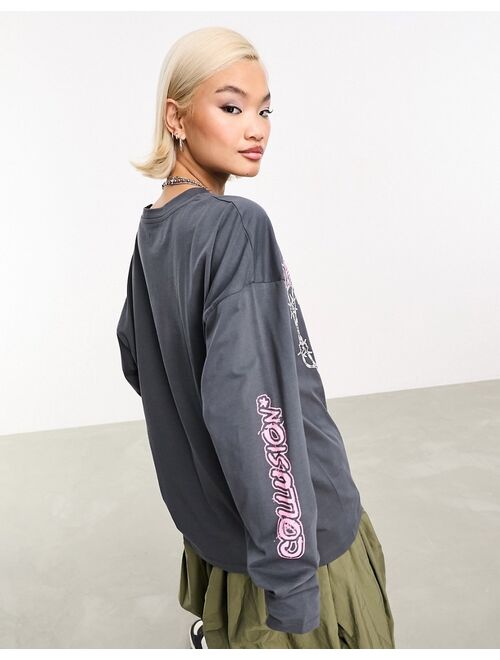 COLLUSION washed graphic long sleeve oversized T-shirt in gray