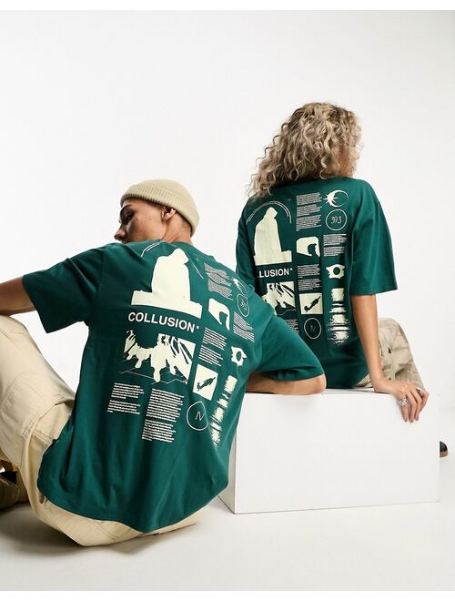 COLLUSION Unisex back graphic print T-shirt in green