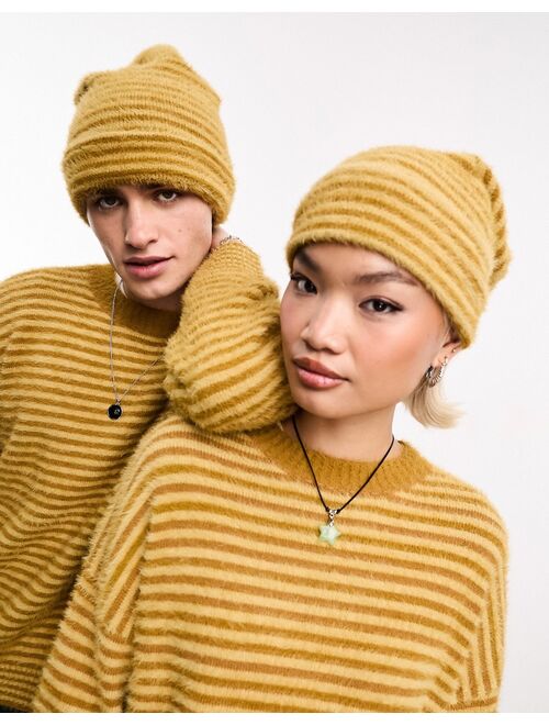 COLLUSION Unisex oversized fluffy beanie in mustard stripe