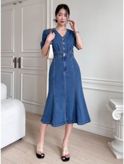 Puff Sleeve Button Front Denim Dress