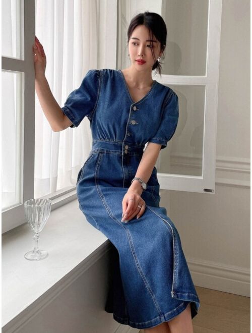 DAZY Puff Sleeve Button Front Denim Dress