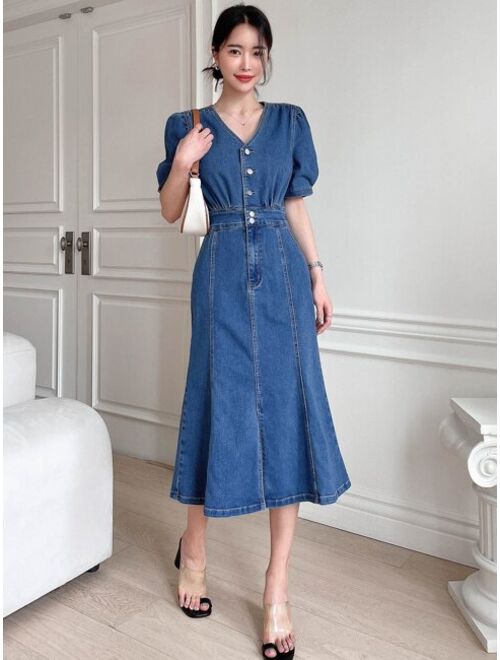 DAZY Puff Sleeve Button Front Denim Dress