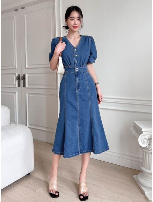 DAZY Puff Sleeve Button Front Denim Dress