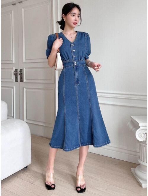 DAZY Puff Sleeve Button Front Denim Dress