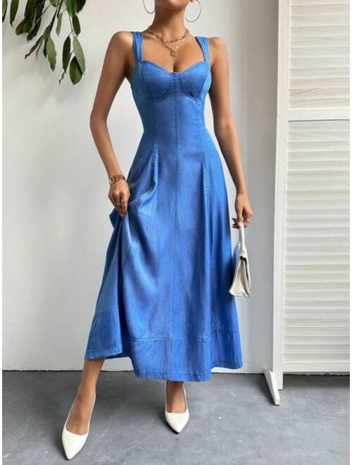 SHEIN Essnce Vintage Style Denim Fabric Women'S Spaghetti Strap Dress, Perfect For Valentine'S Day