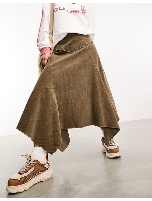 COLLUSION cord hanky hem midi skirt in stone