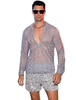 OYOANGLE Men's Solid Hollow Out See Through Party Clubwear Long Sleeve V Neck Shirt Top