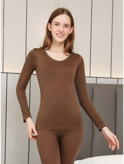 Shein 1SET Women Thermal Underwear Winter Long Sleeve Bottoming Top Seamless Thick Double Layer Warm Lingerie Woman