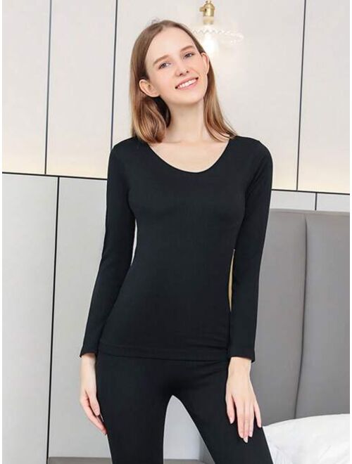 Shein 1SET Women Thermal Underwear Winter Long Sleeve Bottoming Top Seamless Thick Double Layer Warm Lingerie Woman