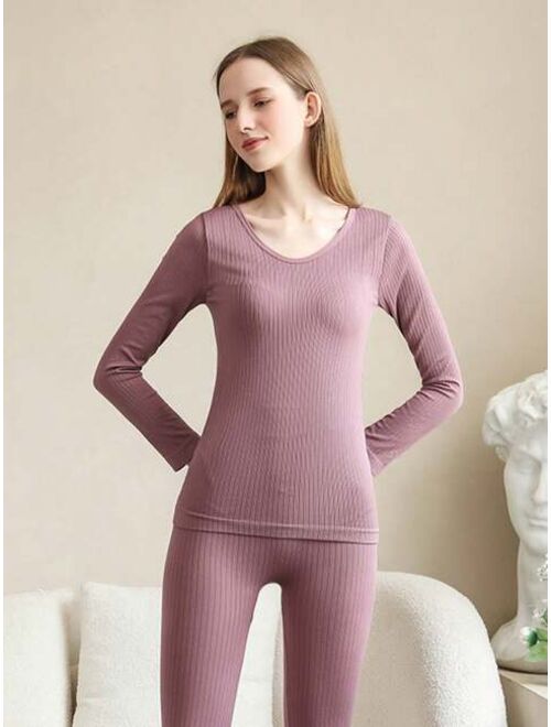 Shein 1SET Women Thermal Underwear Winter Long Sleeve Bottoming Top Seamless Thick Double Layer Warm Lingerie Woman