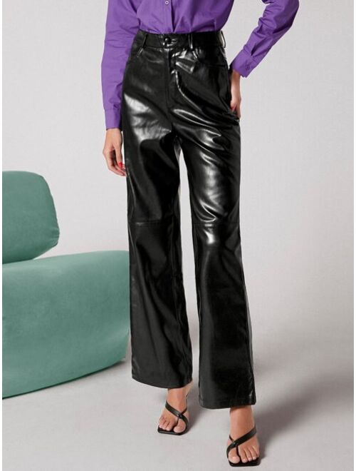 SHEIN BIZwear Zipper Fly Palazzo PU Pants Workwear