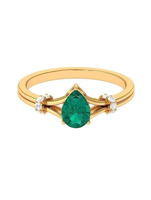 Rosec Jewels Emerald Teardrop Split Shank Engagement Ring with Diamond, 1 Cttw, May Birthstone, AAA Quality