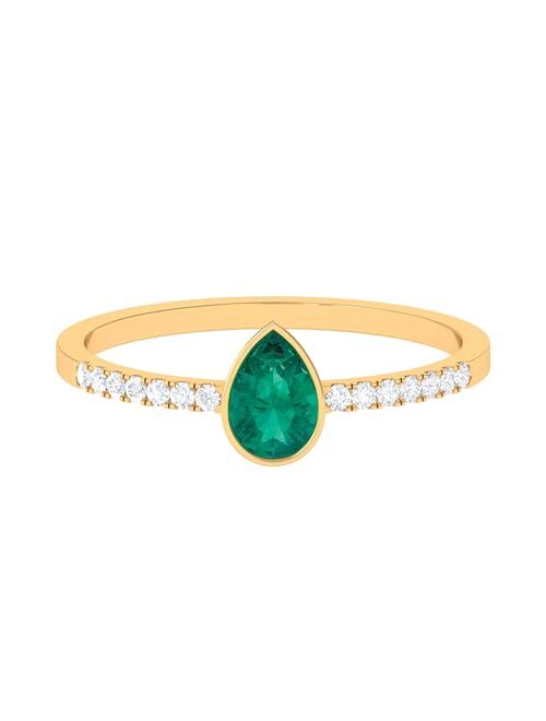 Rosec Jewels Real Emerald Bezel Set Solitaire Ring with Diamond | 4X6 MM Pear| AAA Quality