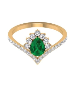 Rosec Jewels Created Emerald Designer V Shape Ring for Women, 5X7 MM, Wedding Engagement Ring for Her