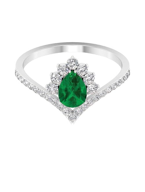 Rosec Jewels Created Emerald Designer V Shape Ring for Women, 5X7 MM, Wedding Engagement Ring for Her